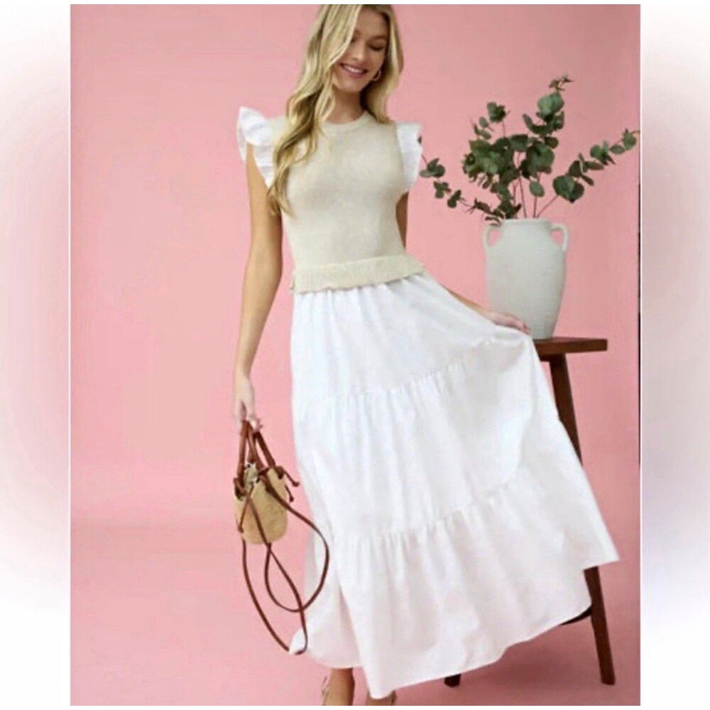 Anthropologie By the River Maxi Dress S Beige/White Ruffle Tiered Cottagecore